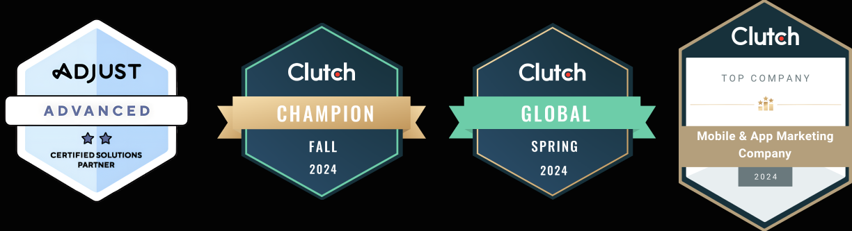Adjust Advanced Partner, Clutch Champion, Clutch Global and Clutch Top Company awards